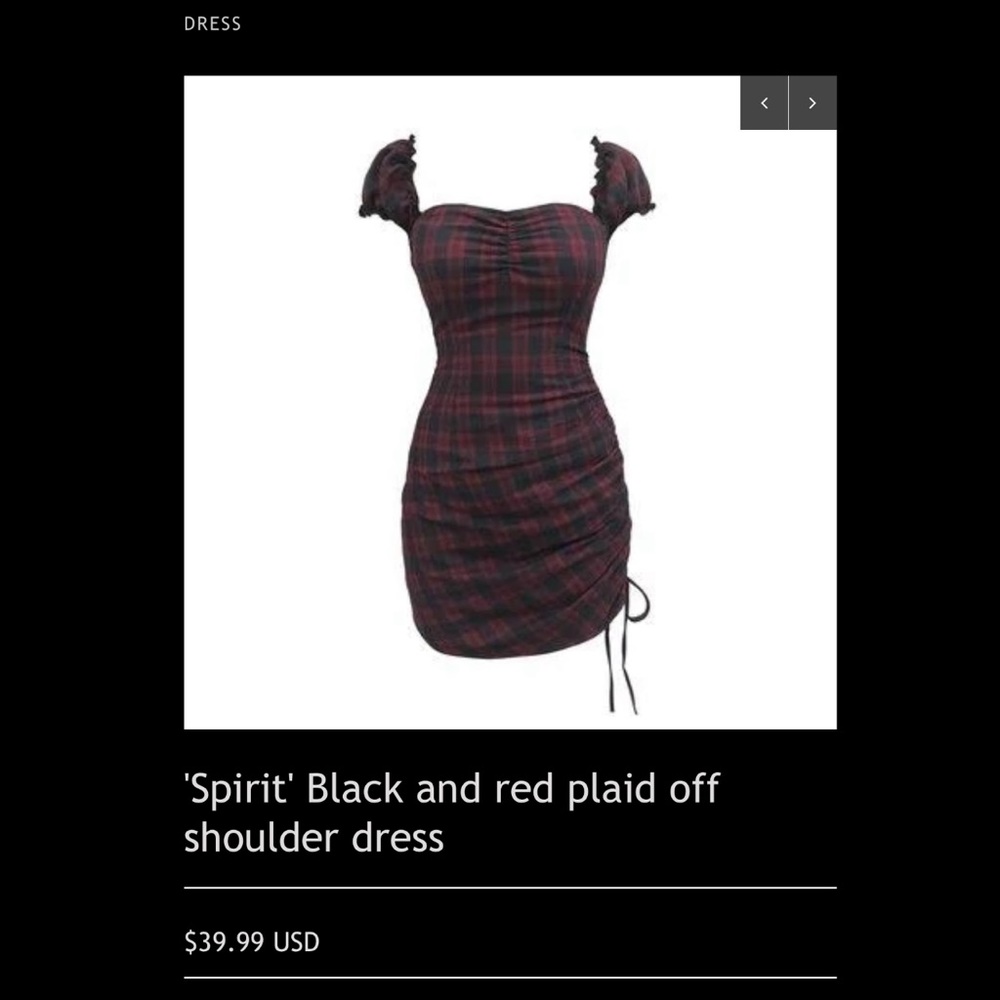 "Spirit' Black and red plaid off shoulder dress